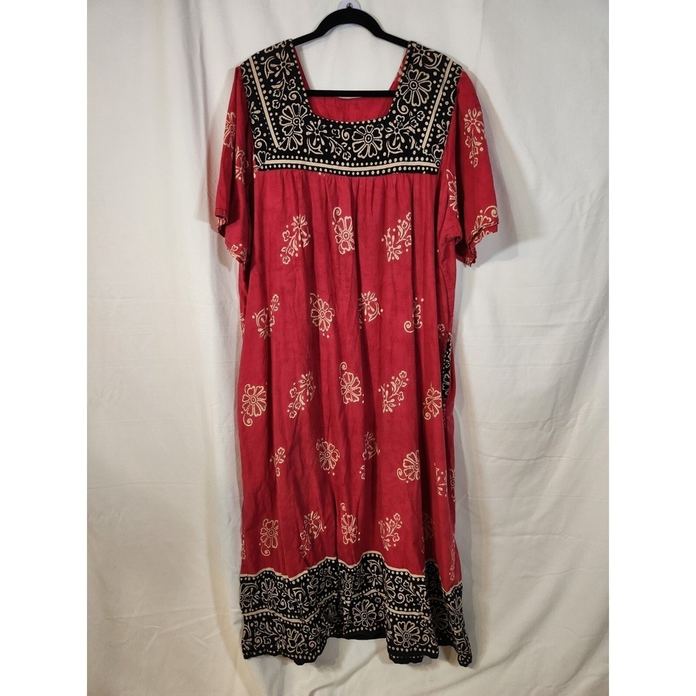 Art To Wear 2X Pink Cream Black Tropical Floral Batik Print Boho Maxi w/ Pockets